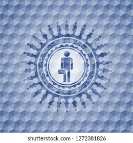 businessman holding briefcase icon inside blue emblem with geometric background.