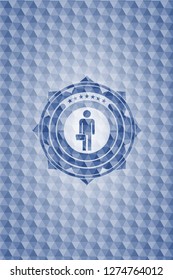 businessman holding briefcase icon inside blue polygonal emblem.