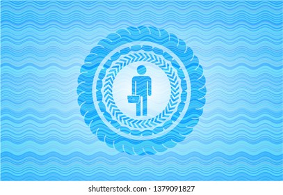 businessman holding briefcase icon inside light blue water badge background.