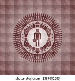 businessman holding briefcase icon inside red badge with geometric background. Seamless.