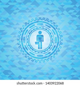 businessman holding briefcase icon inside realistic light blue emblem. Mosaic background