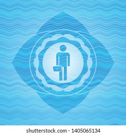 businessman holding briefcase icon inside sky blue water wave style badge.