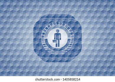 businessman holding briefcase icon inside blue badge with geometric pattern background.