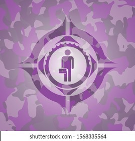 businessman holding briefcase icon inside pink camouflage emblem