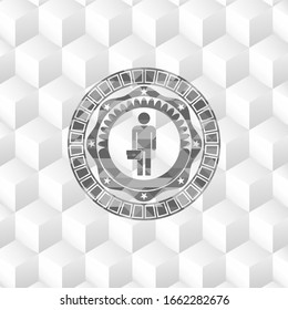 hombre de negocios sostiene un icono de maletín dentro del emblema gris. Retro con fondo blanco de cubo geométrico