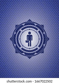 businessman holding briefcase icon inside emblem with jean background