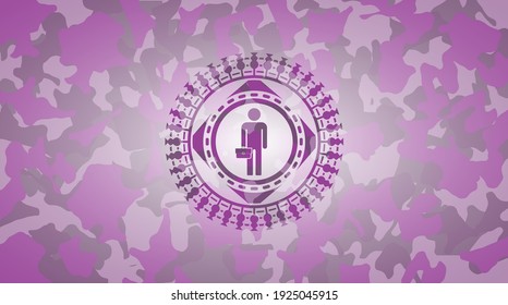 businessman holding briefcase icon inside pink and purple camouflage texture. 