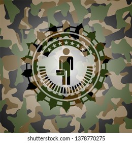 businessman holding briefcase icon on camouflaged texture