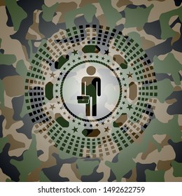 businessman holding briefcase icon on camo texture