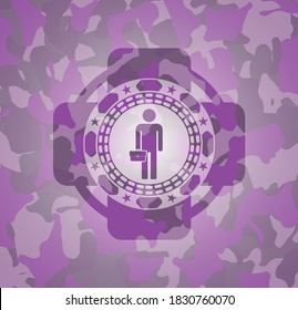 businessman holding briefcase icon on pink camouflage pattern. 