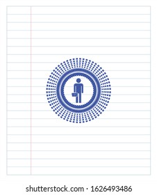 businessman holding briefcase icon pen strokes emblem. Blue ink. Vector Illustration. Detailed.