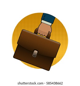 Businessman holding briefcase illustration in pop art retro style, vector circle logo icon. Yellow emblem.