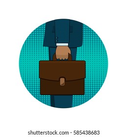 Businessman holding briefcase illustration in pop art retro style, vector circle logo icon. Blue round emblem.