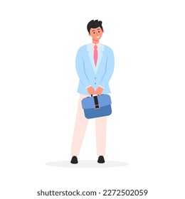 Businessman holding briefcase isolated on white background. Handsome man in business suit. Cartoon character.