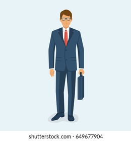 Businessman holding briefcase isolated on white background. Vector illustration flat design. Male cartoon character. Office manager in a business suit with tie. Confident man.