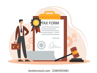 Businessman holding briefcase next to large tax form on clipboard with legal gavel, gears, and certification ribbon on white background. Concept of taxation and legal documentation