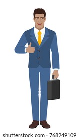 Businessman holding briefcase and showing thumb up. Full length portrait of Black Business Man in a flat style. Vector illustration.