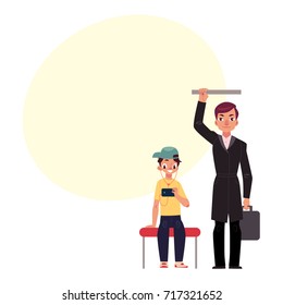 Businessman holding briefcase in subway, standing and holding handrail, young boy sits staring at phone, studen cartoon vector illustration with space for text.