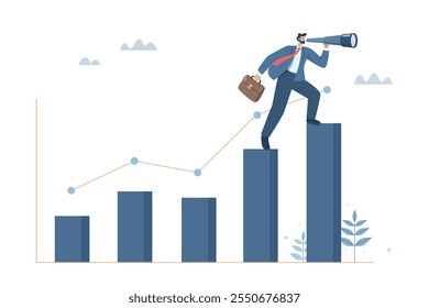 Hombre de negocios que sostiene el maletín y que utiliza los binoculares mientras que sube el gráfico del crecimiento para ver la estrategia de negocio futura, usando la visión del negocio para pronosticar, desafíos para desarrollar y alcanzar el éxito, Vector.