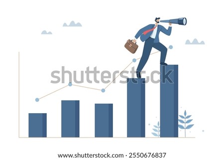 Businessman holding briefcase and using binoculars while climbing growth graph to see future business strategy, Using business vision to forecast, Challenges to develop and achieve success, Vector.