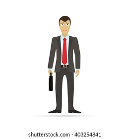 Businessman holding a briefcase. Vector flat design illustration isolated on white background.
