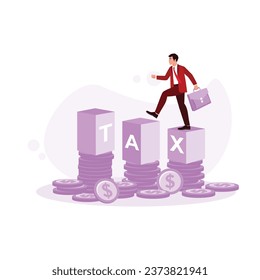 Businessman holding a briefcase and walking on a wooden block with the word TAX on a pile of coins. Tax concept. Trend Modern vector flat illustration