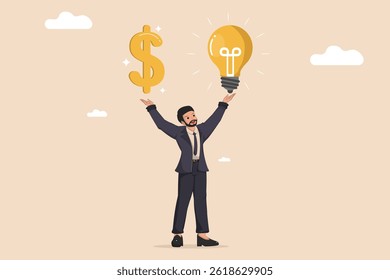 A Businessman Holding a Bright Lightbulb and a Dollar Sign Above His Head, Representing the Concept of Monetizing Ideas.