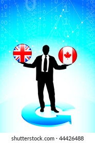 Businessman Holding British and Canada Internet Flag Buttons Original Vector Illustration