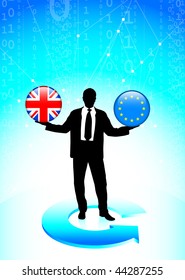 Businessman Holding British and european union Internet Flag Buttons Original Vector Illustration