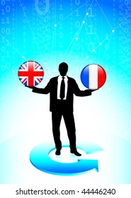 Businessman Holding British and France Internet Flag Buttons Original Vector Illustration