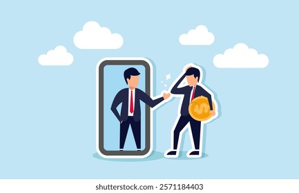 A businessman holding a broken dollar coin reflects in a mirror, greeted by a shadow, illustration of gain motivation from self-reflection on despair in boosting revenue and profit