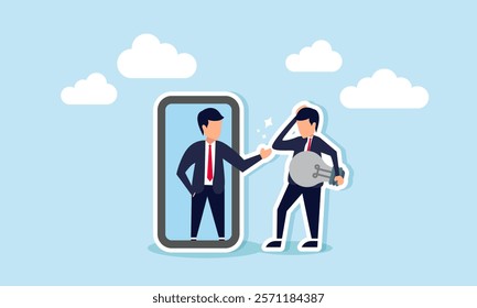 A businessman holding a broken lamp reflects in a mirror, greeted by a shadow, illustration of gaining motivation from self-reflection on despair in seeking ideas and innovations