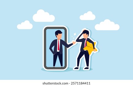 A businessman holding a broken star reflects in a mirror, greeted by a shadow, illustration of gaining motivation from self-reflection on despair in improving business product quality