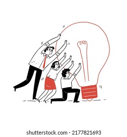 Businessman holding a bulb, Business concept teamwork 
 challenge success, Hand drawn vector illustration doodle style.