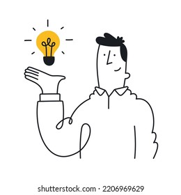 Businessman holding a bulb, idea symbol. Concept of idea presentation, smart innovation, solution, startup, creativity. Outline, linear, thin line, doodle art. Simple style with editable stroke.