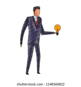 Businessman holding bulb light scribble