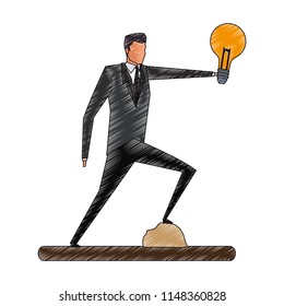Businessman holding bulb light scribble