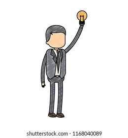 Businessman holding bulb light scribble