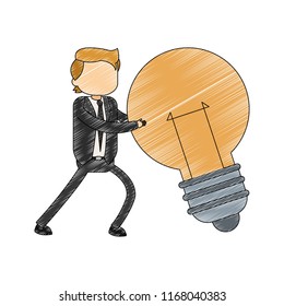 Businessman holding bulb light scribble