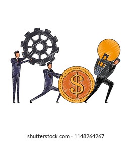 Businessman holding bulb lights and gears scribble