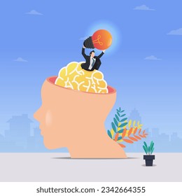 Businessman holding bulb out of brain. Get the ideas design vector illustration