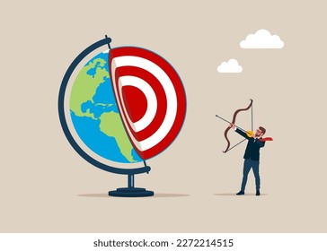 Businessman holding bullseye target bow and arrow to win in business global strategy. Target, financial growth, profit, sales. Focus on global business goals. Flat vector illustration.