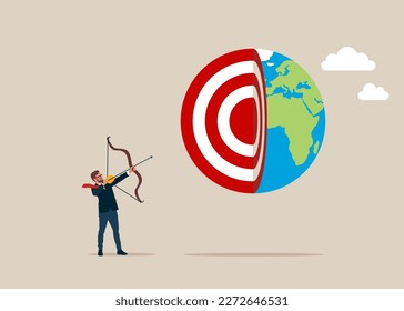 Businessman holding bullseye target bow and arrow to win in business global strategy. Achieving business goals. Focus on global business goals. Modern vector illustration in flat style