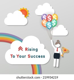 businessman holding bunch of money dollar sign balloons and trophy on rainbow sky background. idea leadership business plan concept in modern flat style. vector