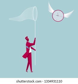 Businessman holding a butterfly net. Capture the  clock. The background is blue.	