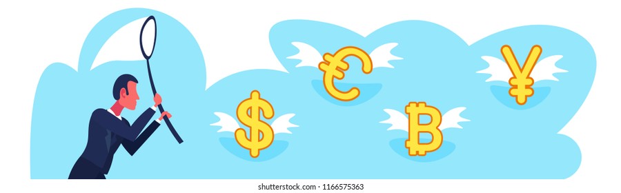 businessman holding butterfly net catch dollar euro yuan bitcoin money growth wealth exchange concept male cartoon character portrait flat horizontal banner vector illustration