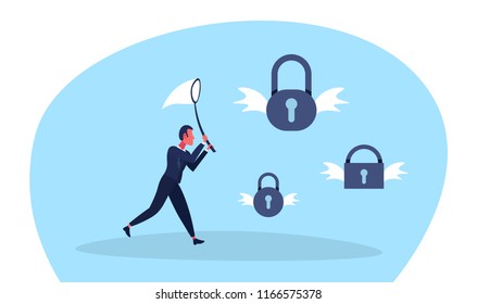 businessman holding butterfly net catch padlock access concept male cartoon character full length flat horizontal vector illustration