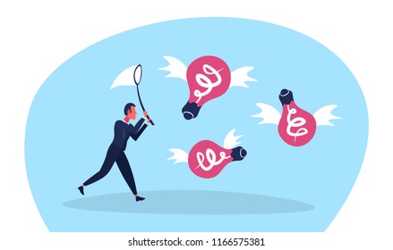 businessman holding butterfly net catch light lamps creative idea innovation concept male cartoon character full length flat horizontal vector illustration