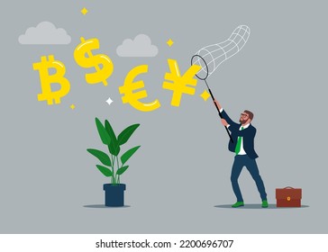 Businessman holding butterfly net catch dollar euro yuan bitcoin money growth wealth exchange. Flat vector illustration.