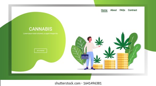 businessman holding cannabis leaf hemp plants growing on stacks of money coins marijuana business drug consumption concept full length copy space horizontal vector illustration